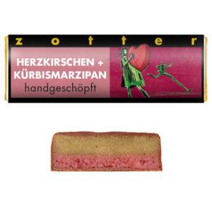 Herzkirschen + Kürbismarzipan (20g) handgeschöpfte Schoko-Minis