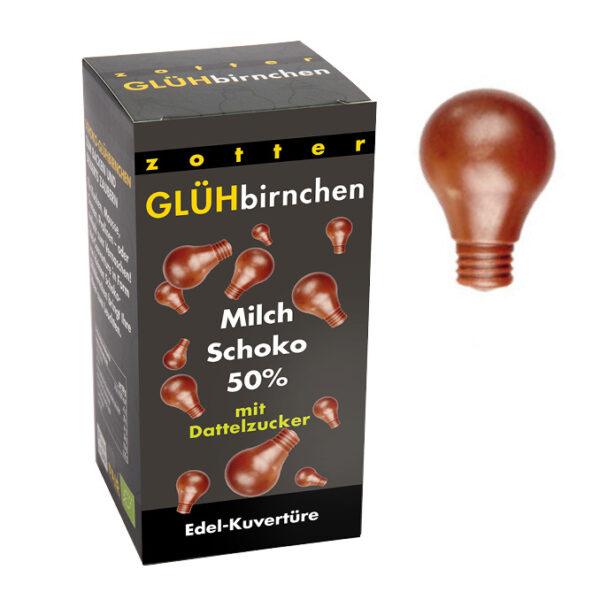 Glühbirnchen – Milchschoko 50 % mit Dattelzucker (130g) Glühbirnchen Edel-Kuvertüre